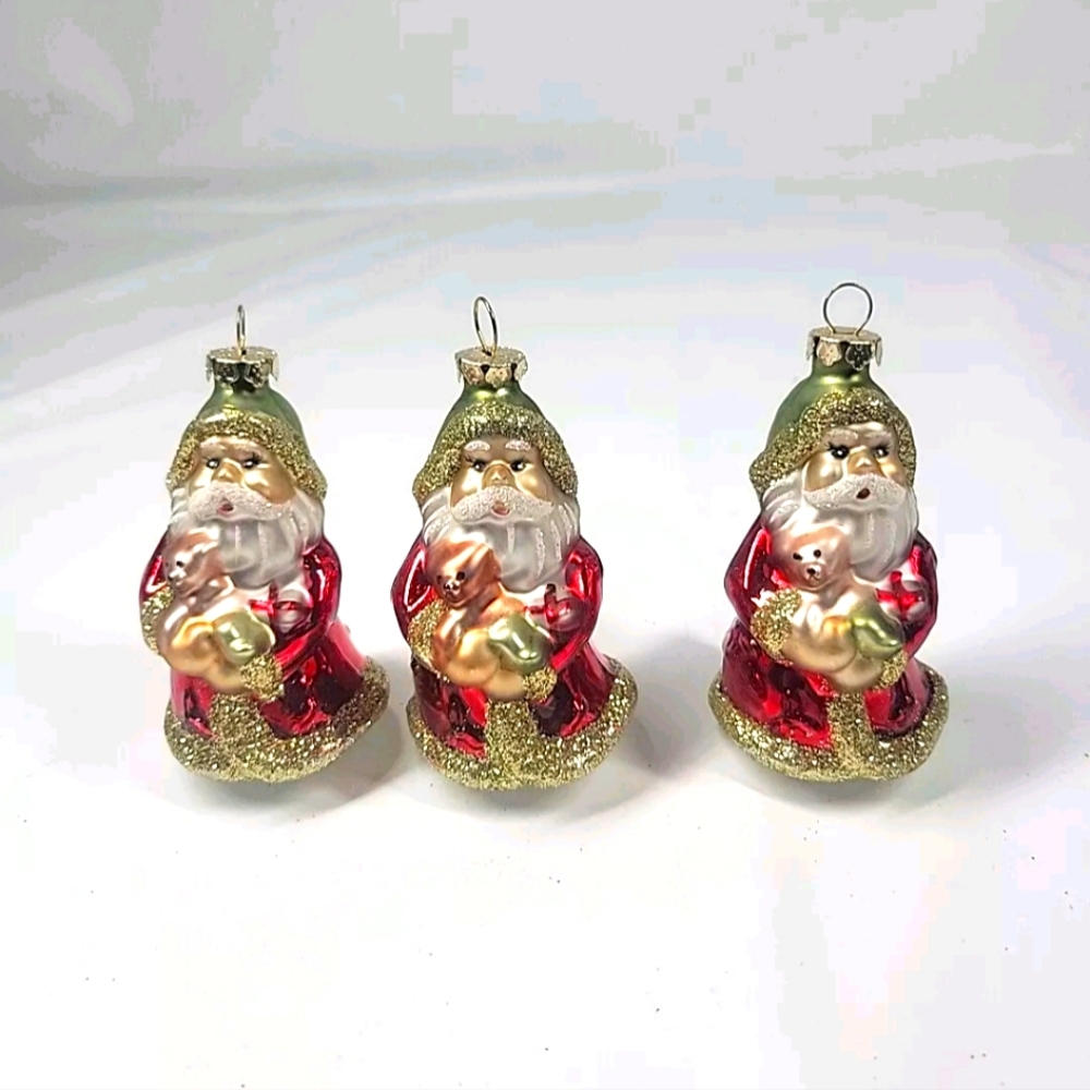 Glass Blown Santa Ornaments Glitter Hand Painted Lot Of 3‎